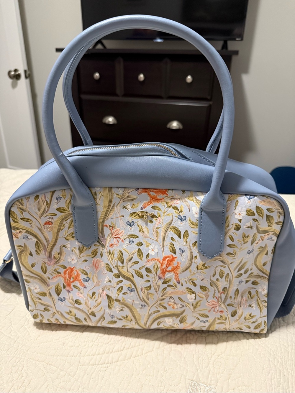Fable England Light Blue Floral-Panel Satchel Handbag